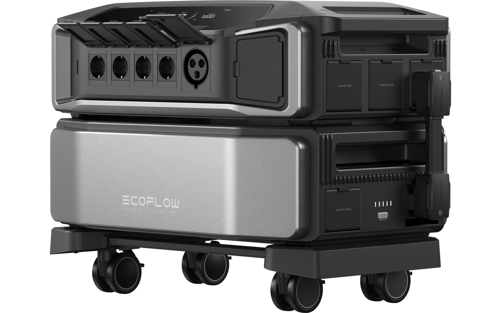 Kompakte schwarze und silberne mobile Powerstation auf Rollen