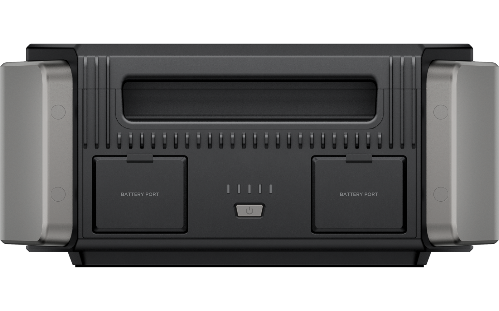 Schwarze Spielkonsole mit zwei Controllern auf einem weißen Hintergrund