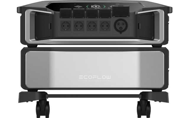 Schwarzes elektronisches Gerät mit Tasten und Anschlüssen, darunter ein beleuchtetes Feld und ein Tragegriff