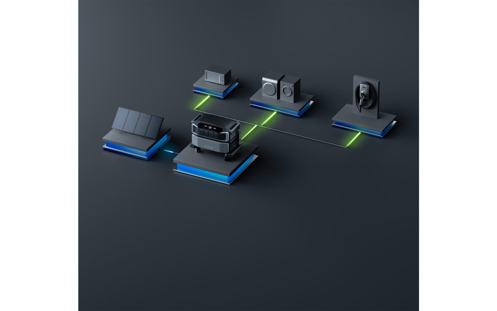 Grafik mit mehreren elektronischen Geräten, verbunden über blaue Linien