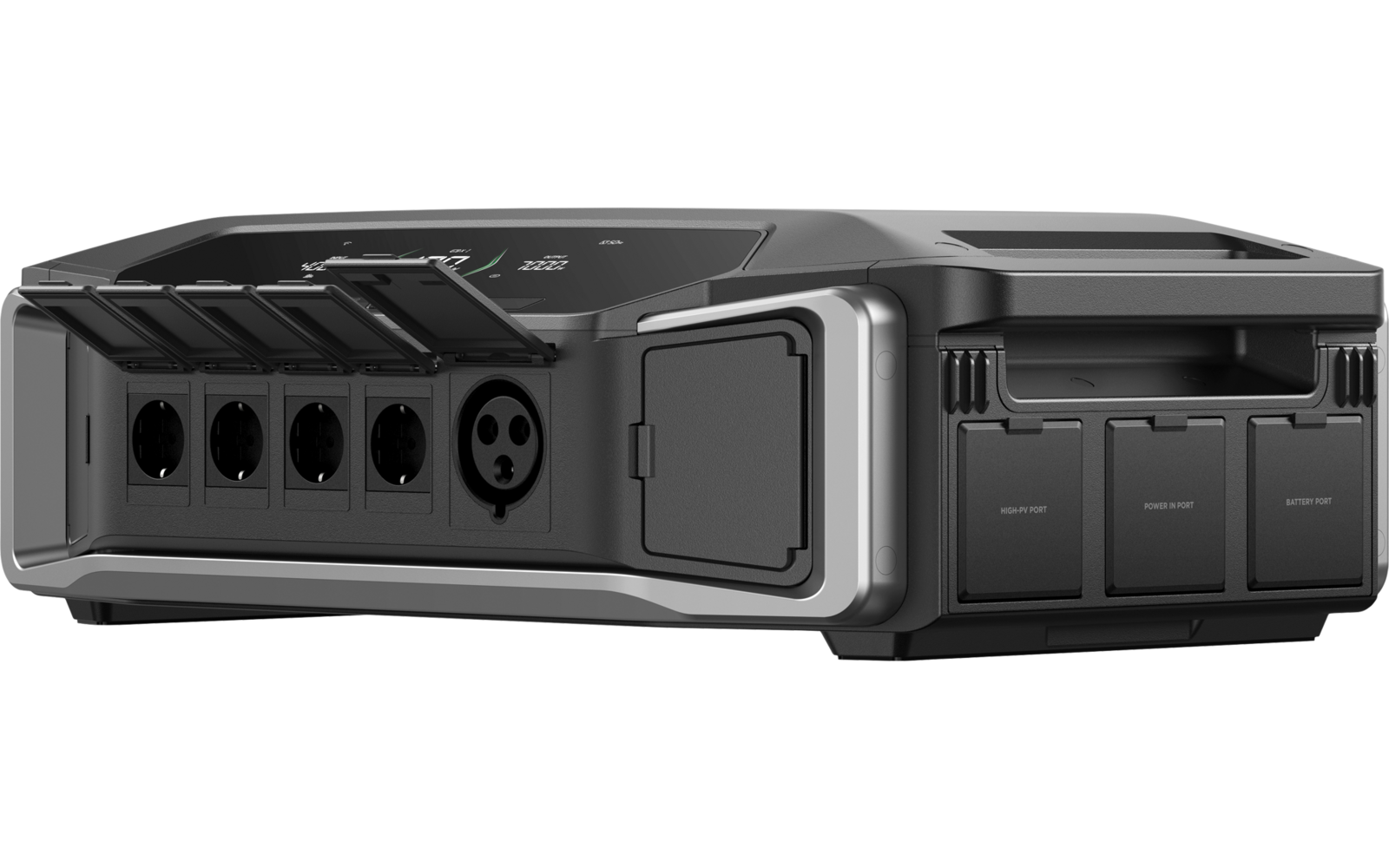 Appareil électronique noir avec plusieurs ports et ouvertures de ventilation