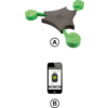 Appareil noir triangulaire avec trois tampons ronds verts; en dessous un smartphone avec un écran blanc et une icône de bouteille verte