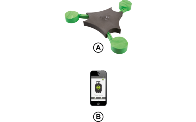 Appareil noir triangulaire avec trois tampons ronds verts; en dessous un smartphone avec un écran blanc et une icône de bouteille verte
