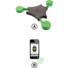 Appareil triangulaire noir avec trois modules ronds verts ; en dessous, un smartphone affichant un cercle vert à l'écran et des ondes de signal vertes ; lettres A et B entourées de cercles