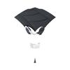 A black pet protective hood with a white cat design and light gray lining