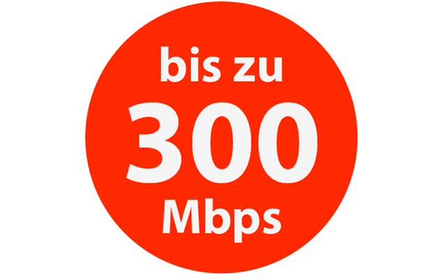 Roter Kreis mit weißer Aufschrift 'bis zu 300 Mbps'