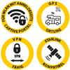 Vier runde gelbe Abzeichen: oben links WLAN-Symbol mit Schloss und Text 'FÜR WLAN MIT ANMELDESEITE CAPTIVE PORTAL', oben rechts Wohnmobil und Satellit mit Text 'GPS ORTUNG', unten links Schloss mit 'VPN' und Pfeilen und Text 'VPN FÄHIG', unten rechts