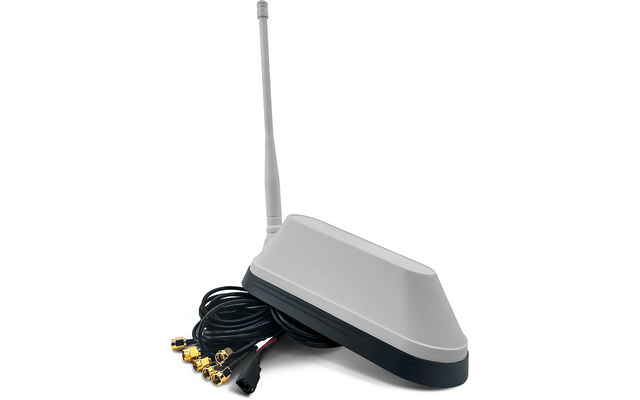 Weißes Antennen-Gehäuse mit langer senkrechter Antenne, schwarzer Basis und mehreren aufgewickelten schwarzen Kabeln mit goldfarbenen Steckern