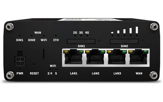 Rückseite eines schwarzen Geräts mit Beschriftungen: links PWR- und RESET-Anschlüsse, Wi‑Fi-Label mit 2.4 und 5, drei RJ45-Buchsen beschriftet LAN1 LAN2 LAN3 und eine WAN-Buchse, grüne LED-Anzeigen über den Buchsen, zwei SIM-Steckplätze beschriftet S