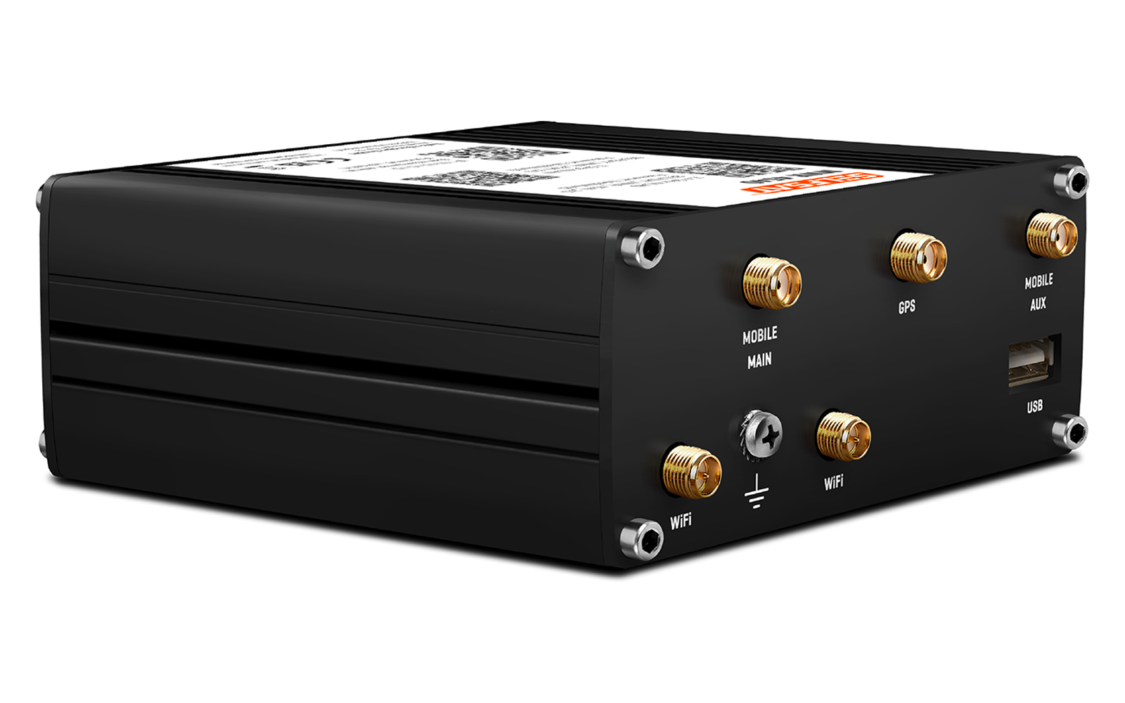 Schwarzes rechteckiges Metallgehäuse mit mehreren goldfarbenen Antennenanschlüssen, einem USB‑Anschluss, Schrauben an den Ecken und einem Aufkleber mit QR‑Code auf der Oberseite