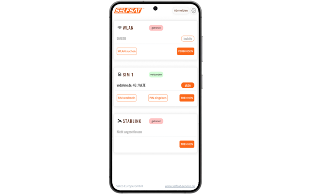 Smartphone-Bildschirm mit App: Logo 'SELFSAT' und 'Abmelden'; WLAN-Sektion mit Netzwerkname 'DM920' und den Labels 'getrennt' und 'inaktiv', Buttons 'WLAN suchen' und 'VERBINDEN'; SIM 1 mit 'verbunden', 'vodafone.de: 4G: VoLTE', Label 'aktiv' und But