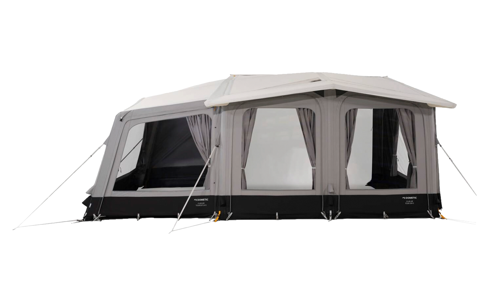 Grey awning with light grey roof, four large windows with transparent panels and interior curtains, guy lines and stakes, on white background