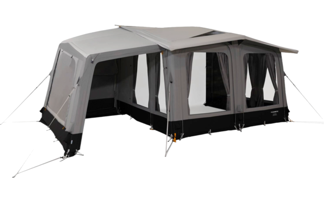 Large gray tent with multiple windows, an open entrance, support poles, and guy lines on a white background