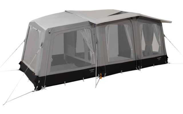 Large gray tent with a rectangular shape, black lower panel, several large windows with curtains, roof overhang, and guy lines with stakes