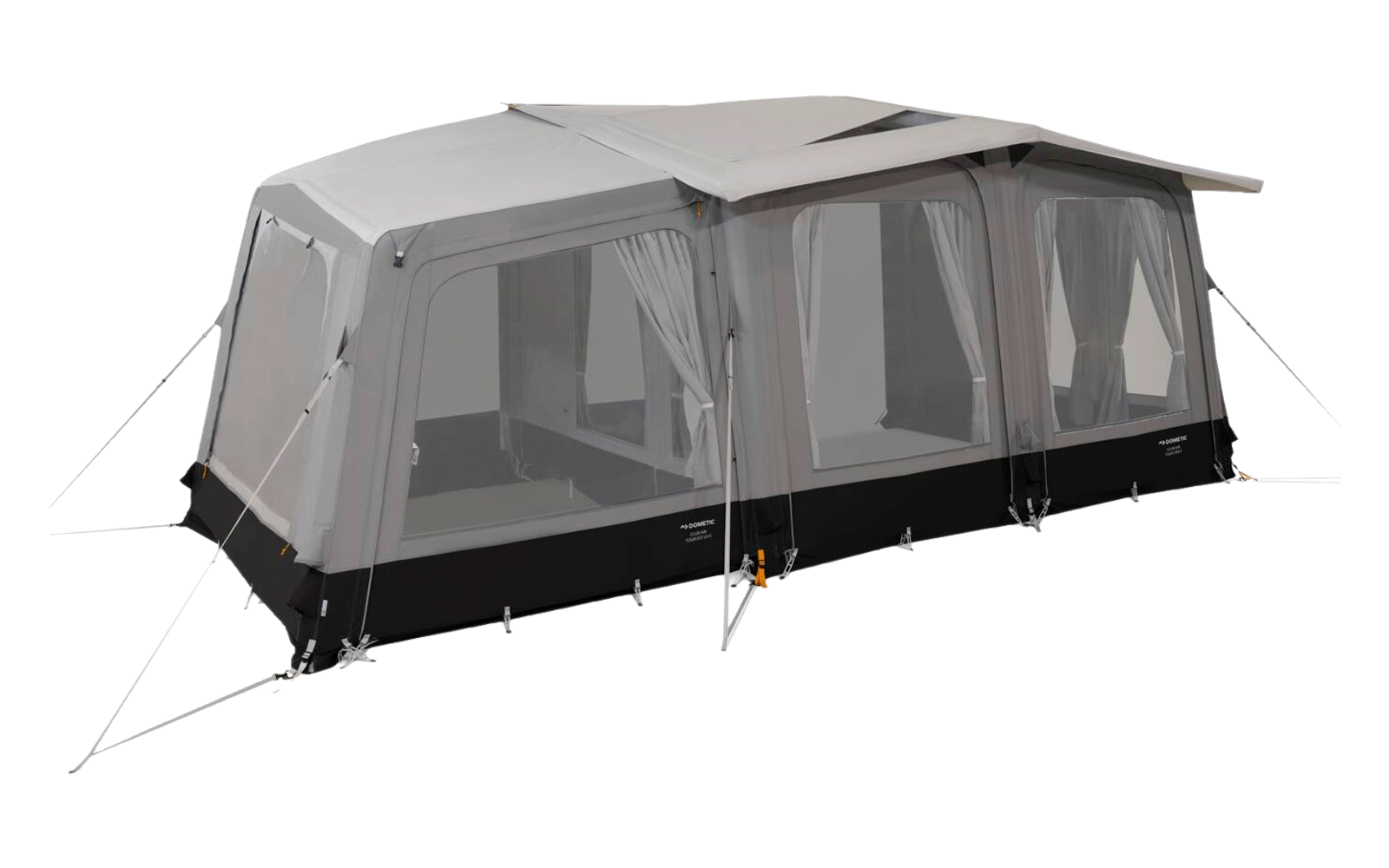 Large gray tent with a rectangular shape, black lower panel, several large windows with curtains, roof overhang, and guy lines with stakes