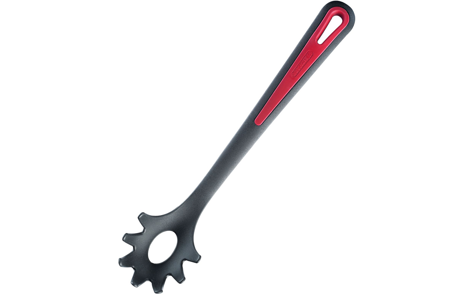 Ustensile en plastique noir avec tête en forme de cuillère dentelée, trou rond au centre, long manche avec insert rouge et œillet pour suspendre