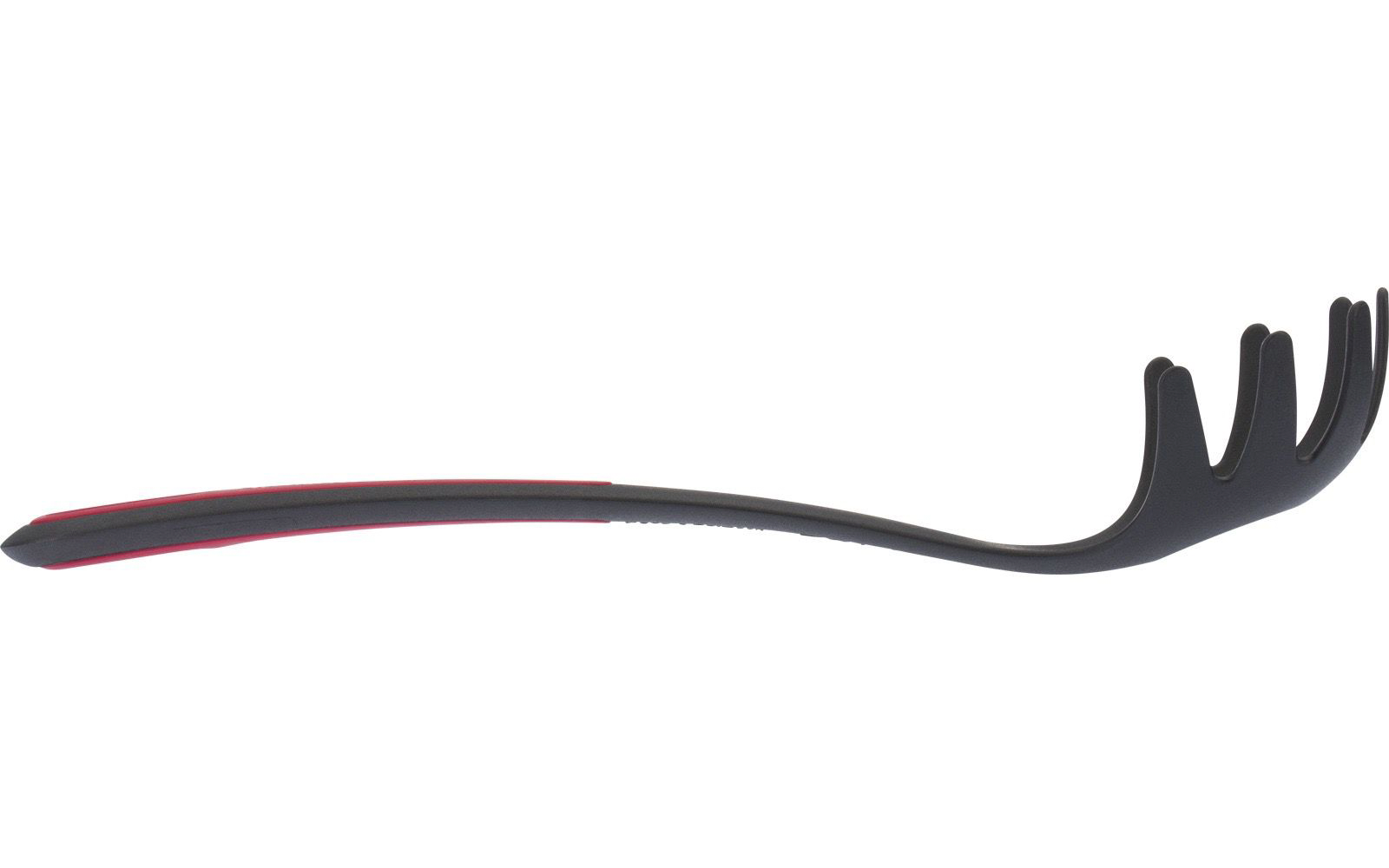 Longue cuillère noire en plastique avec cinq dents incurvées à la tête et une bande rouge le long du manche