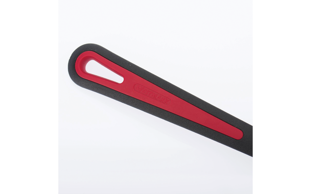 Gros plan sur une poignée en plastique noire avec insert rouge, une ouverture ovale et un texte en relief