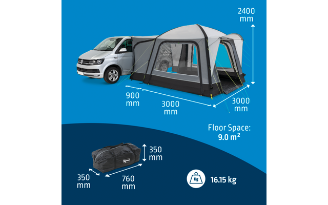 Camping-car avec auvent installé, dimensions et poids indiqués