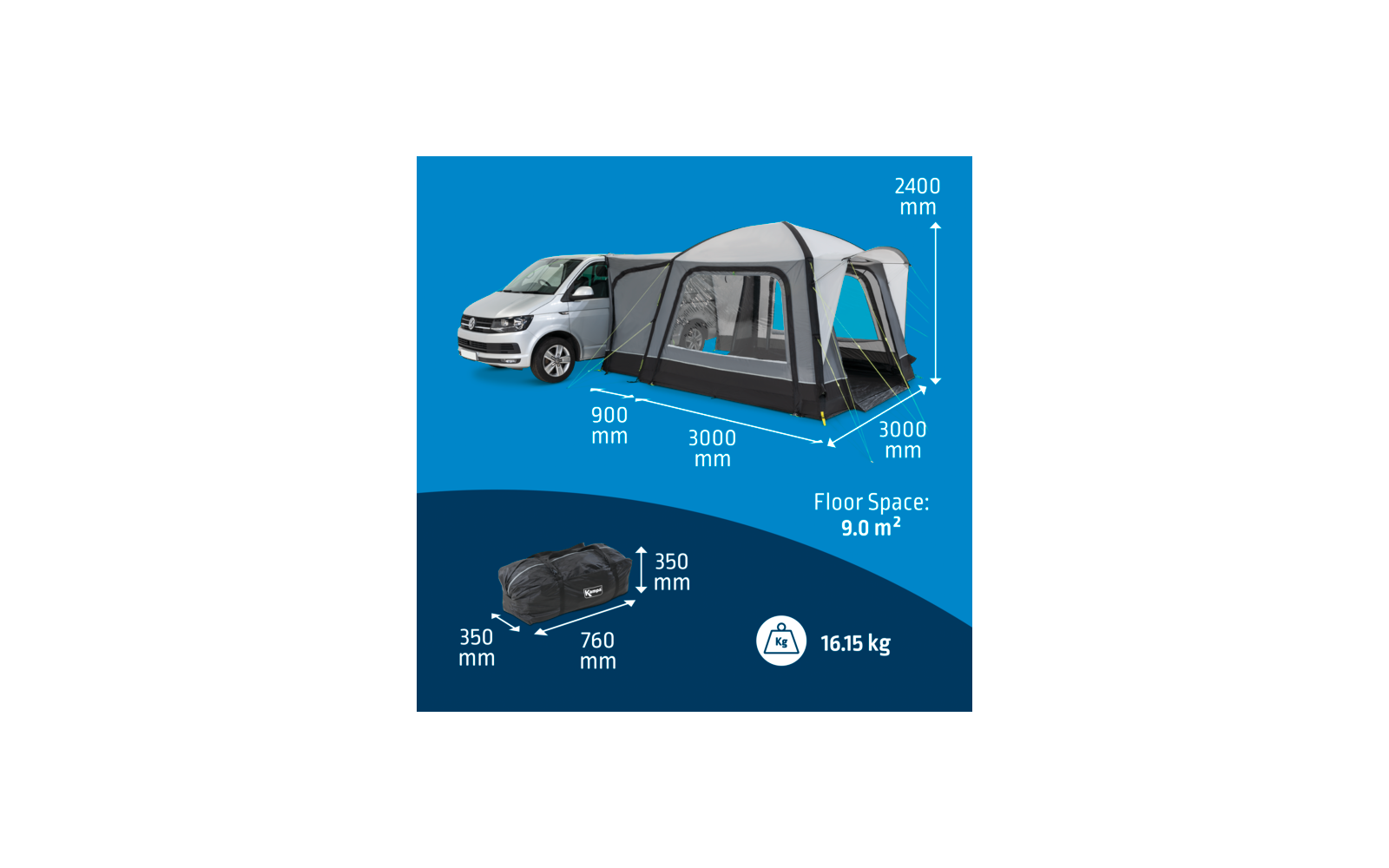 Camping-car avec auvent installé, dimensions et poids indiqués