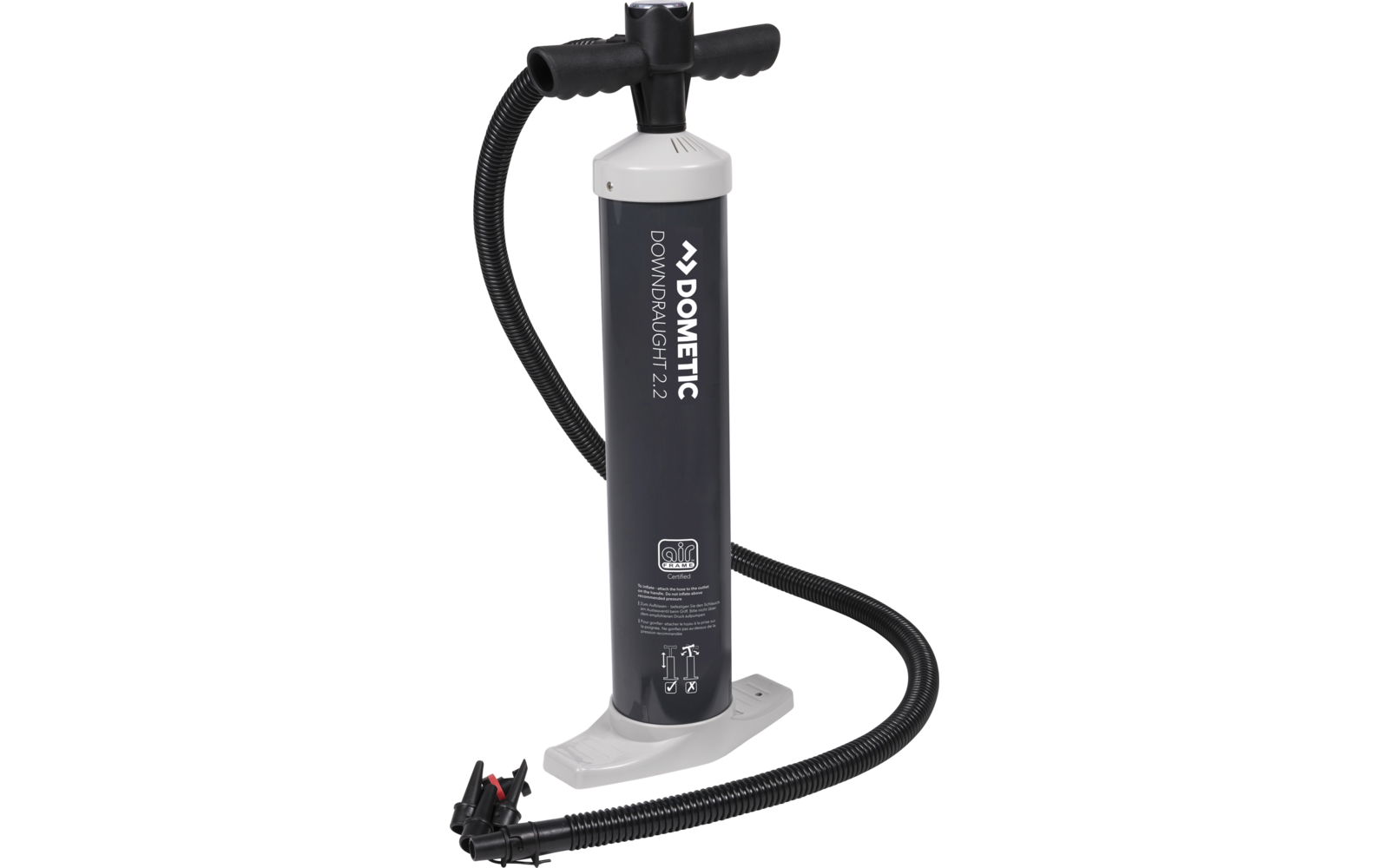 A black hand pump with a hose and pressure gauge