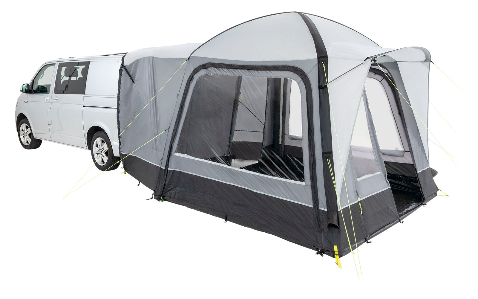 Camionnette blanche avec une extension de tente grise et noire avec fenêtres