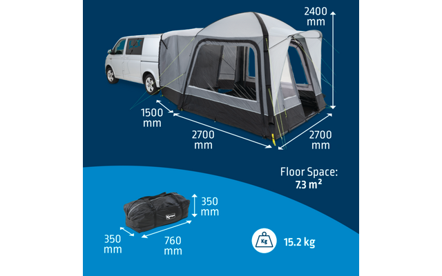Camping-car avec auvent gris en U déplié, dimensions et poids indiqués