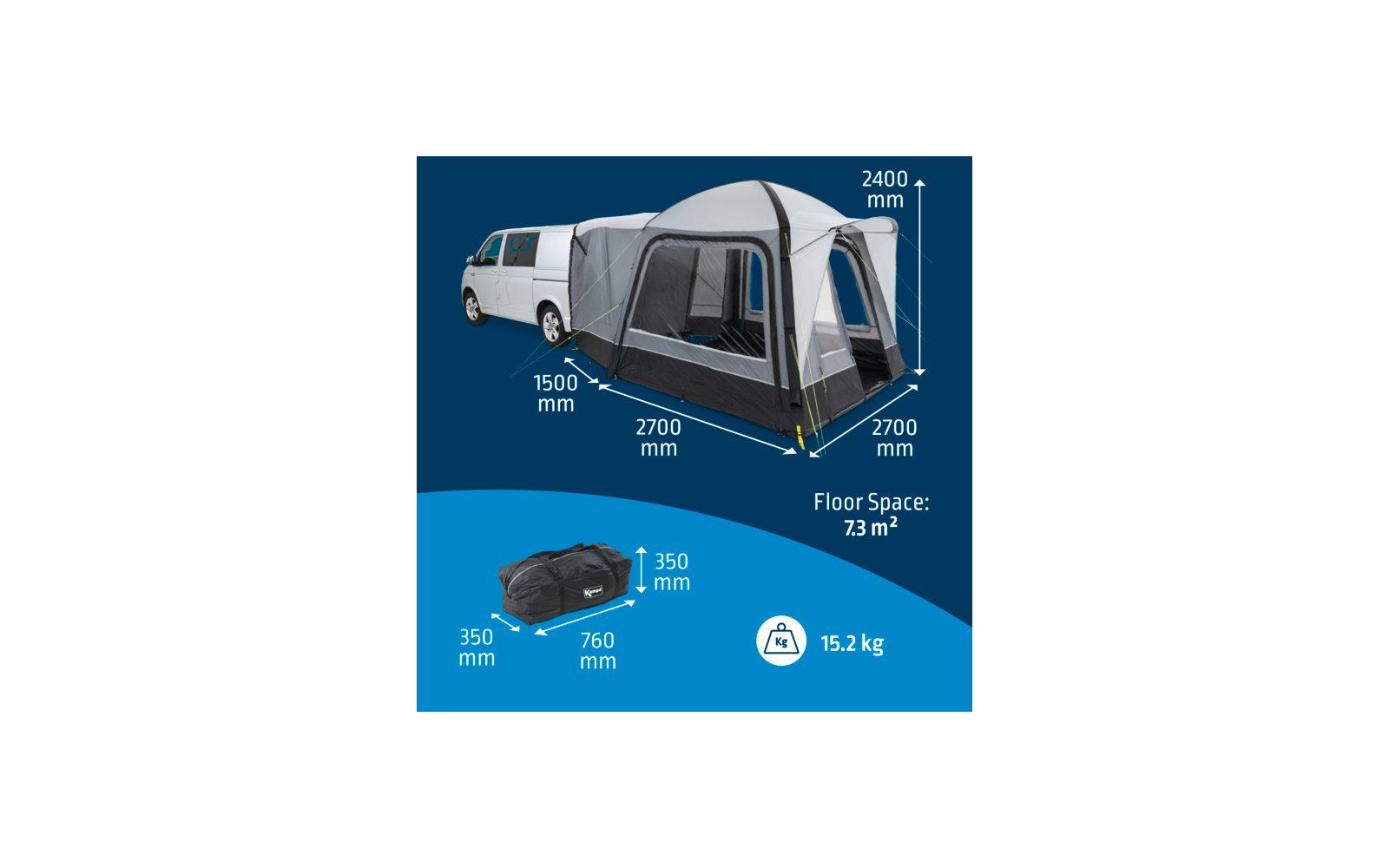 Camping-car avec auvent gris en U déplié, dimensions et poids indiqués