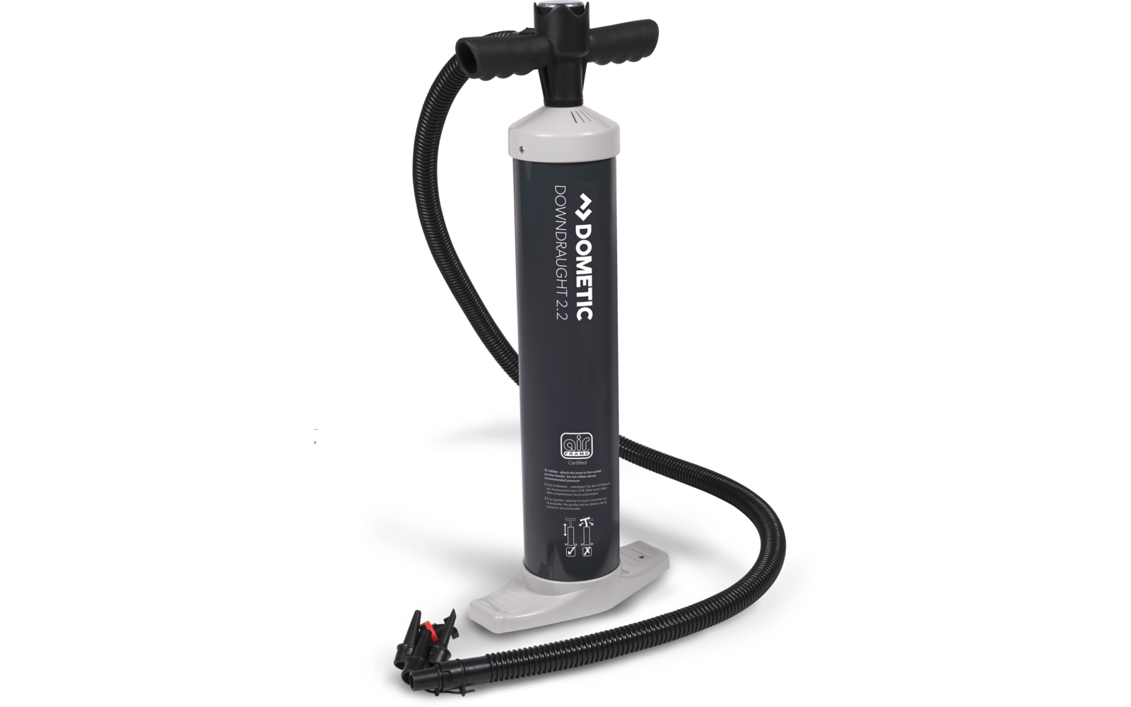 Eine schwarze Handpumpe mit einem schlauch und Manometer