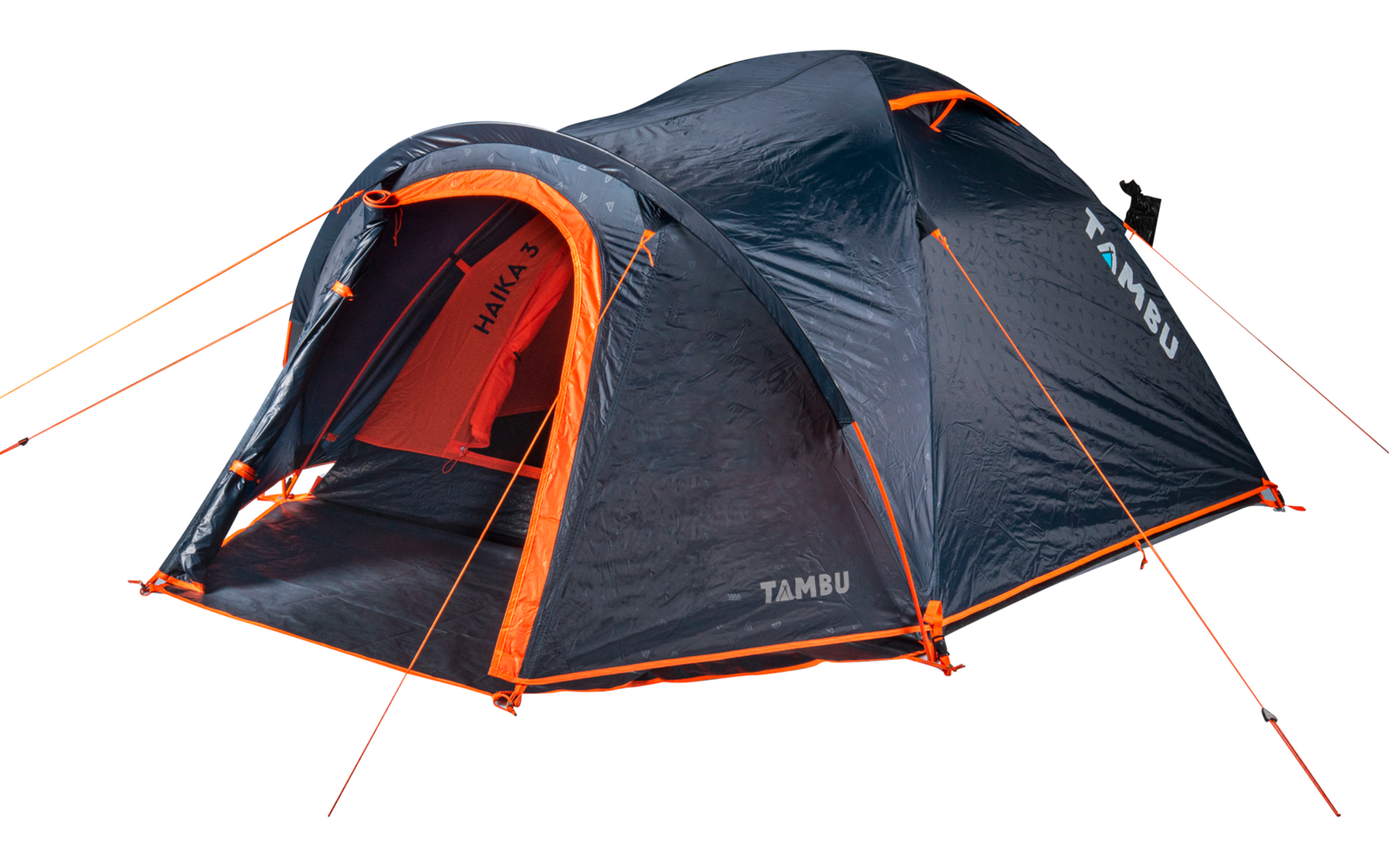 Tente gris foncé avec bordure orange, façade ouverte et haubans sur fond blanc