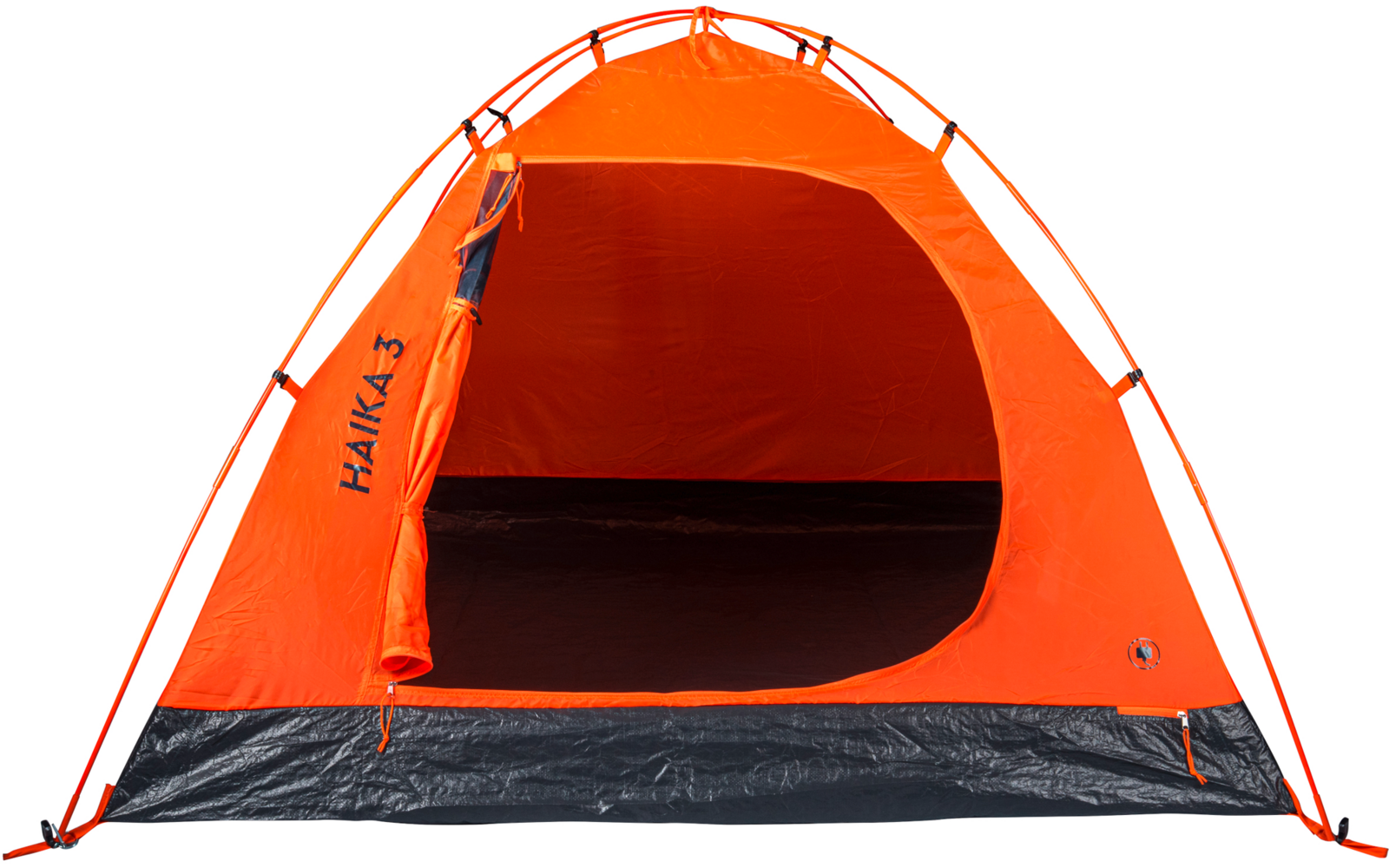 Tente orange en dôme, face avant ouverte, sol intérieur noir et arceaux courbés visibles