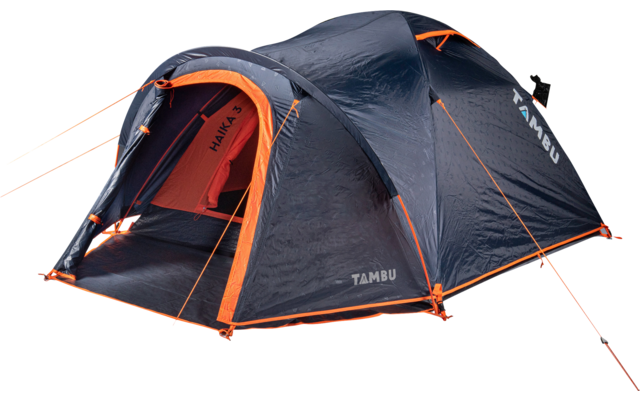 Dark gray tent with orange trim, open front and guy lines on a white background