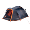 Dark gray tent with orange trim, open front and guy lines on a white background