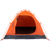Orange dome tent with open front entrance, black interior floor and visible curved poles