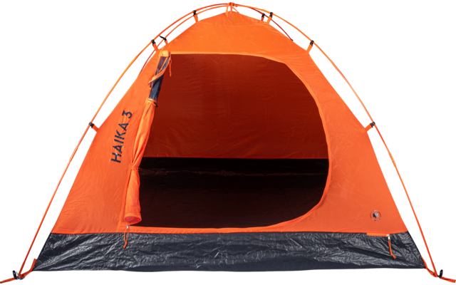 Orange dome tent with open front entrance, black interior floor and visible curved poles