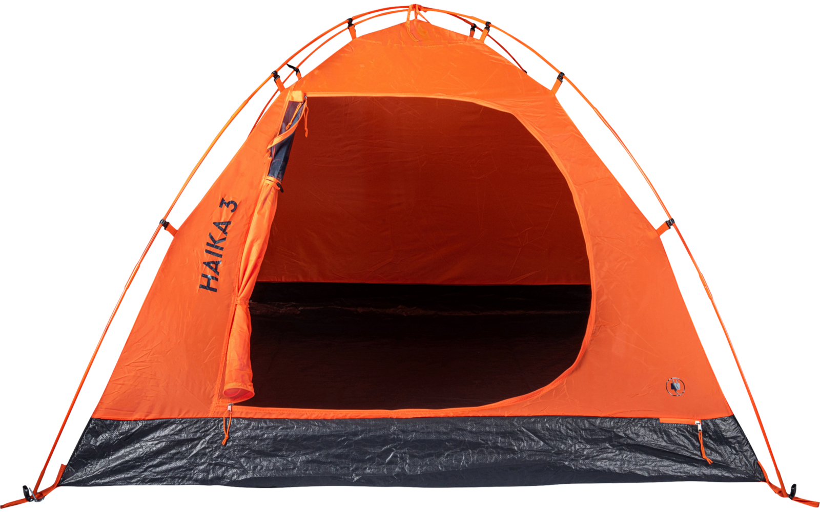 Orange dome tent with open front entrance, black interior floor and visible curved poles