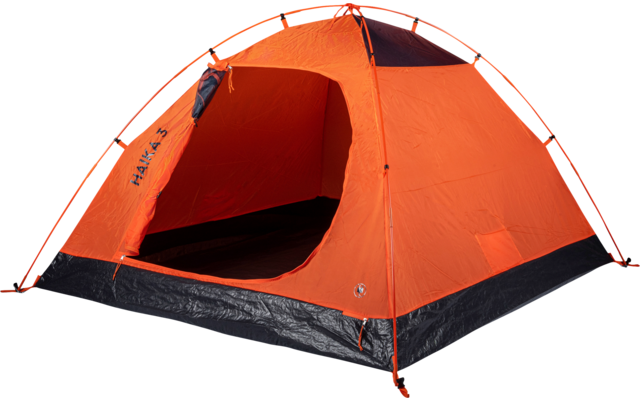 Orange dome tent with open entrance, black floor and curved poles on a white background