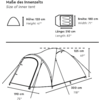 Technical drawing of a tent with measurements: top icons for the inner tent — height 120 cm, width 180 cm, length 210 cm; below a perspective view of the tent with marked 125 cm height, 190 cm depth, 300 cm length; visible German and English labels