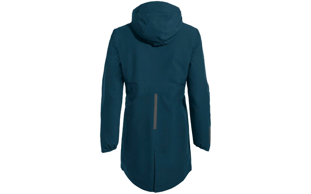 Rückansicht einer dunkelblauen Kapuzenjacke mit Reißverschluss und zwei Taschen