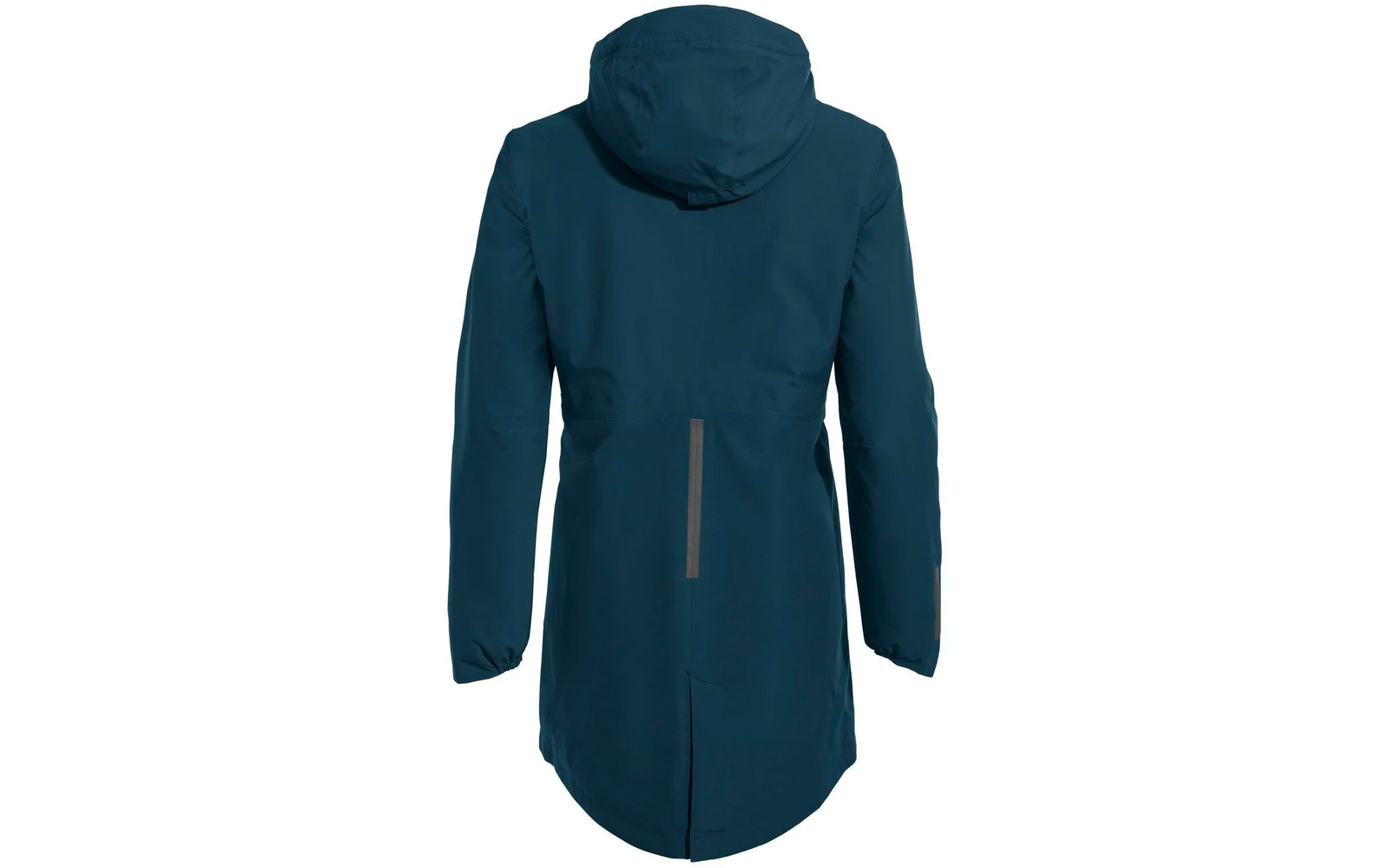 Rückansicht einer dunkelblauen Kapuzenjacke mit Reißverschluss und zwei Taschen