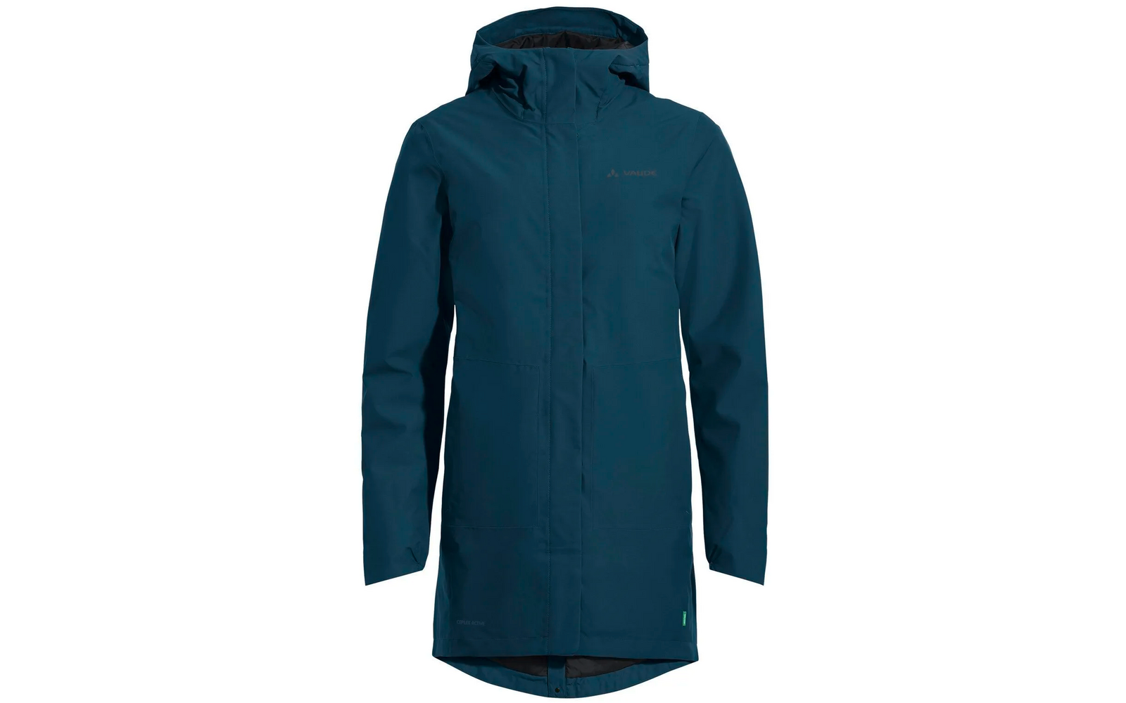 Dunkelblaue, lange Regenjacke mit Kapuze