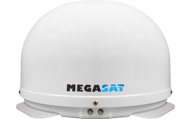 White round satellite dish with MEGASAT logo