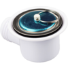 Witte kunststofbehuizing met ronde blauwglanzende metalen stop, metalen ring en kleine witte kunststofknop