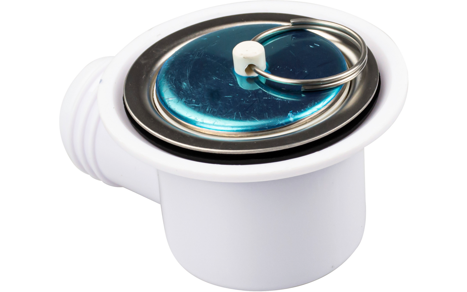 Witte kunststofbehuizing met ronde blauwglanzende metalen stop, metalen ring en kleine witte kunststofknop