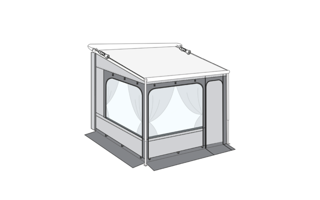Rechteckige freistehende Konstruktion mit Metallrahmen, flachem Dach, großen transparenten Seitenpaneelen mit Vorhängen, schmale Tür rechts, Bodenplatten und Schatten