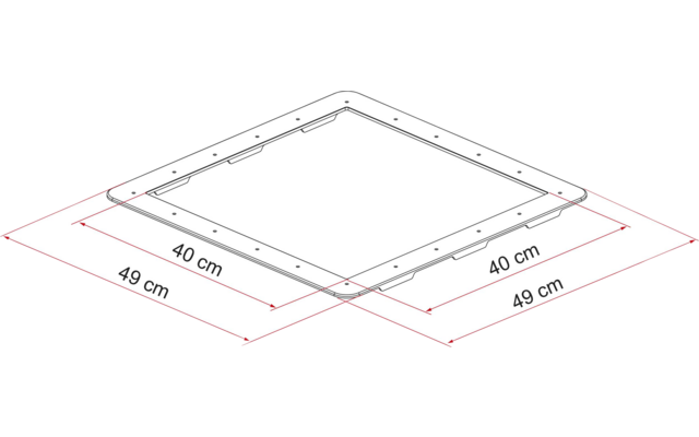 Isometrische Zeichnung eines quadratischen Rahmens mit innerer quadratischer Öffnung, Befestigungsbohrungen am Rand und roten Maßlinien mit den Werten 40 cm und 49 cm