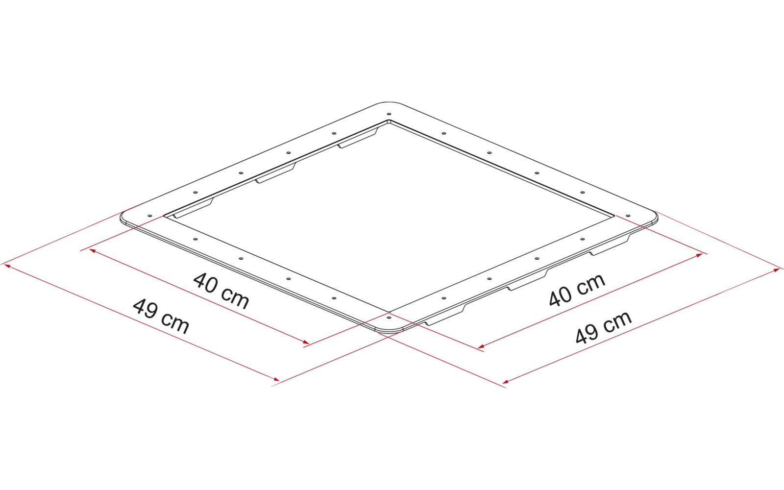 Isometrische Zeichnung eines quadratischen Rahmens mit innerer quadratischer Öffnung, Befestigungsbohrungen am Rand und roten Maßlinien mit den Werten 40 cm und 49 cm