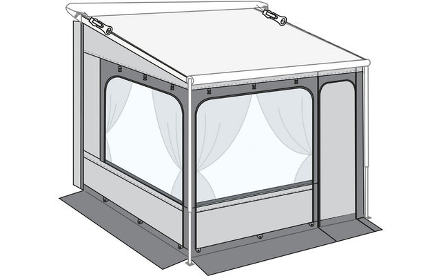 Rechteckige freistehende Konstruktion mit Metallrahmen, flachem Dach, großen transparenten Seitenpaneelen mit Vorhängen, schmale Tür rechts, Bodenplatten und Schatten