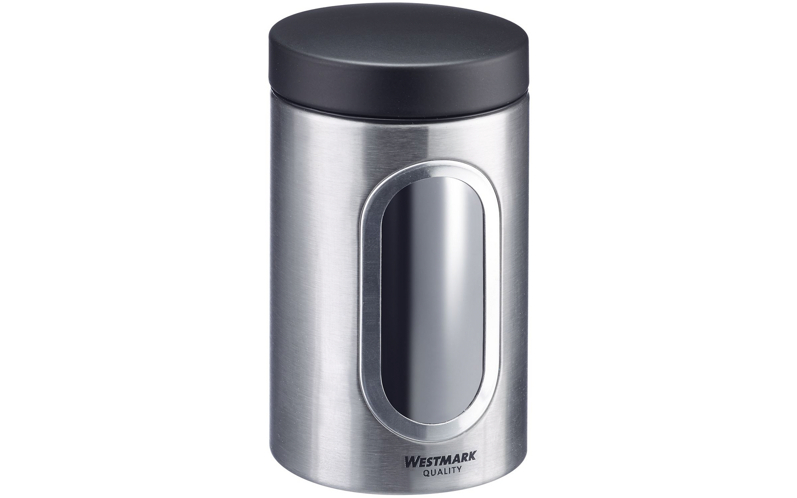 Boîte en acier inoxydable avec couvercle sombre, fenêtre ovale et inscription 'Westmark Quality'