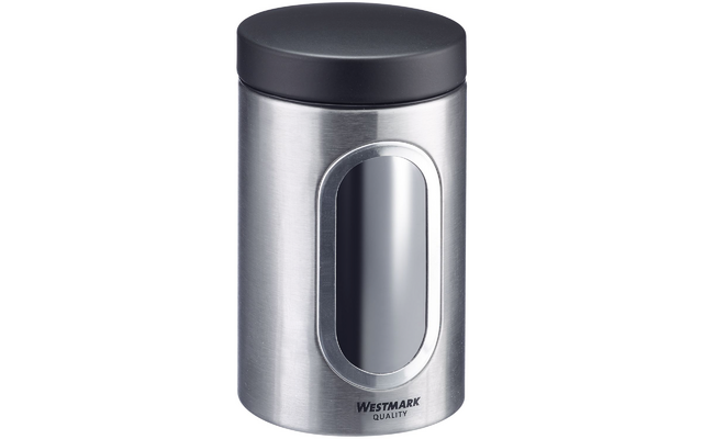 Boîte en acier inoxydable avec couvercle sombre, fenêtre ovale et inscription 'Westmark Quality'